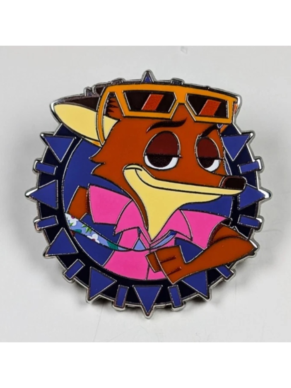 Cartoon Fox Enamel Pin - Pink Shirt & Blue Background